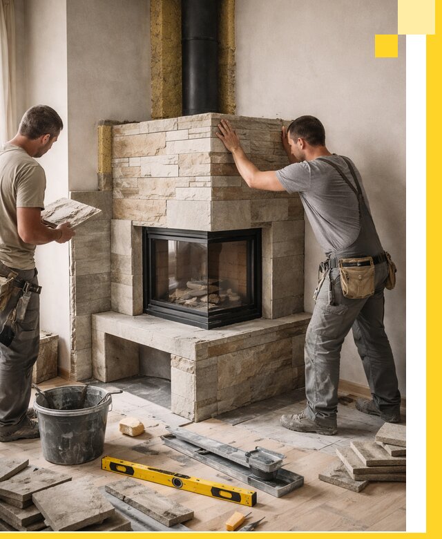 Угловые камины под ключ проект, монтаж и отделка в Каспийске